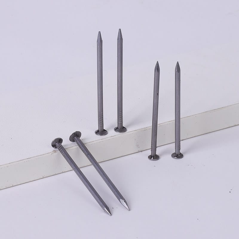 Loose woodworking nails arranged upright and horizontally to show their full lengths