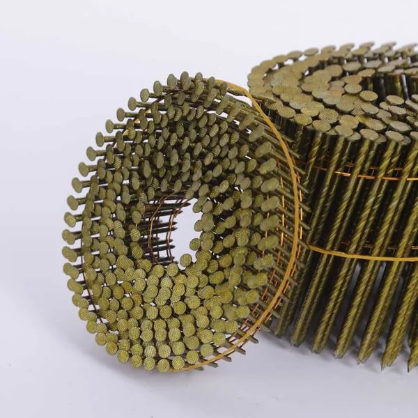 Close view of collated coil nail construction and wire joining